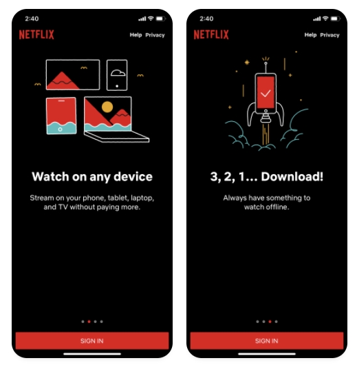 Telas com ilustração em Netflix, simples e consistente com a marca e componentes.