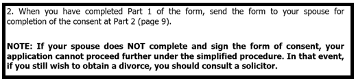 A section of the divorce form saying to send the form to your spouse after you complete it.