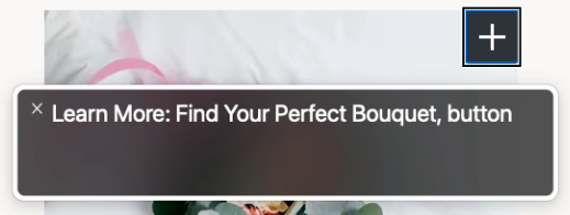An example of a card button to open more information that is a plus icon. When focused, the alternative text provides extra information describing the purpose of the button. The text reads “Learn More: Find Your Perfect Bouquet, button”.