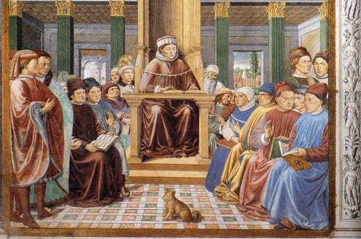 ancient scene of a seated man delivering a lecture to a crowd