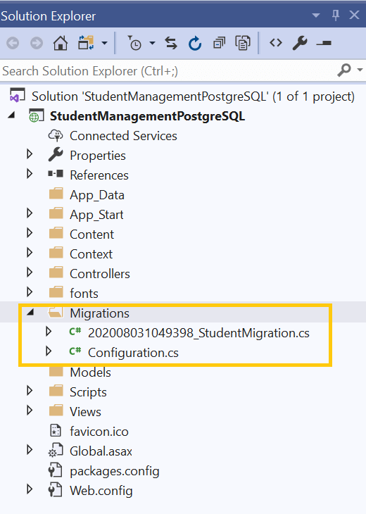 Migrations folder with the list of files