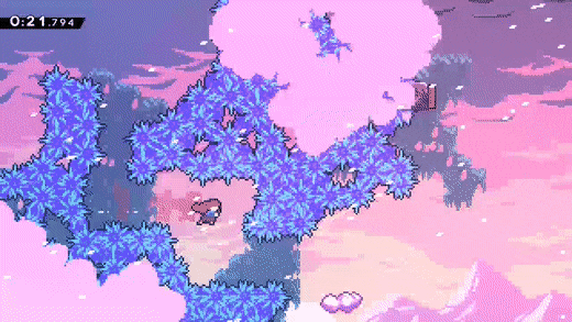 Celeste gameplay. Madeleine jumps through a sparse obstacle course as she nears the peak of the mountain.