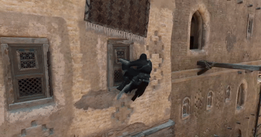 An assassin enters a building in old Baghdad through an open window and quickly gets out of the building using another window