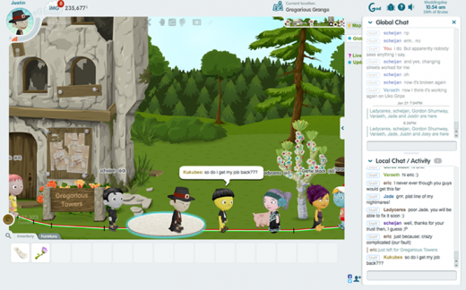 Tela do jogo Glitch com seus personagens na frente e a ferramenta de conversação do lado direito