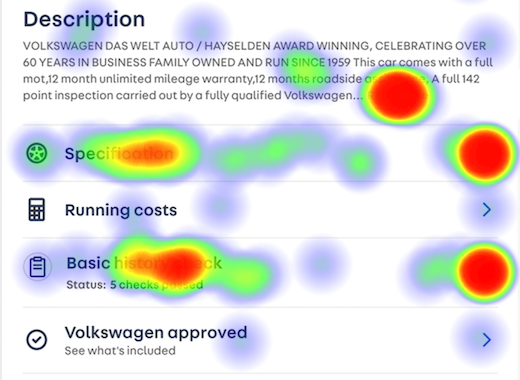 Heatmap showing where consumers expect to click to view information about a vehicle’s past — exported from UserZoom.