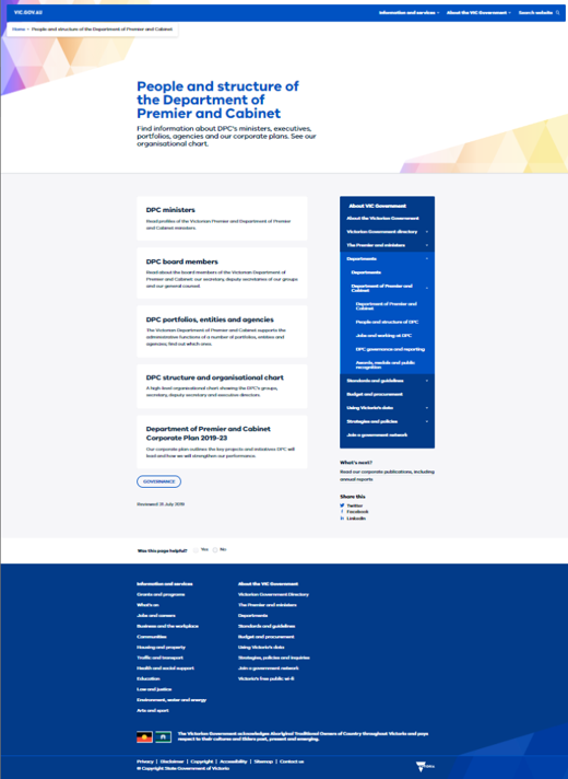 Landing page of corporate website within vic.gov.au
