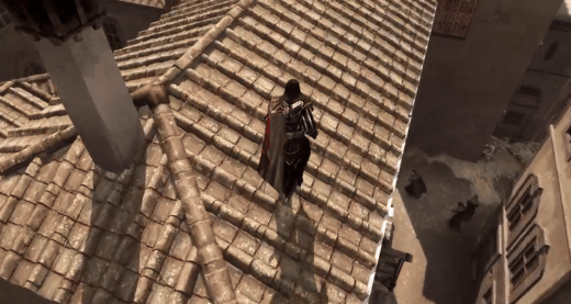 An assassin jumps between building rooftops