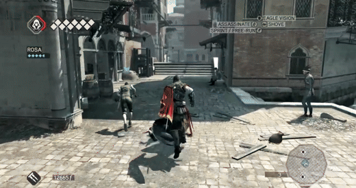 Three guards block an assassin running through the street and the assassin starts fighting with the guards