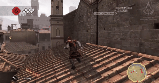 An assassin runs on rooftops of buildings to escape from soldiers. Three soldiers pursue the assassin.