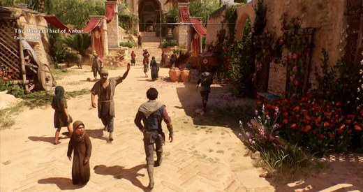 An assassin approaches a palace entrance which is blocked by a bunch of guards