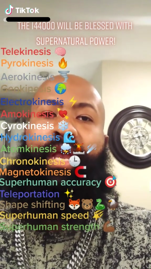 A list of superpowers appears on screen in front of a man vlogging. It includes “chronokineses” and serveral superhuman abilities.