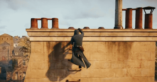 An assassin jumps between multiple chimneys on the rooftop of a French building
