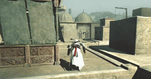 An assassin jumps between building rooftops