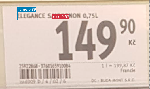 A photo showing the same pricetag as before with name and price marked by rectangles.