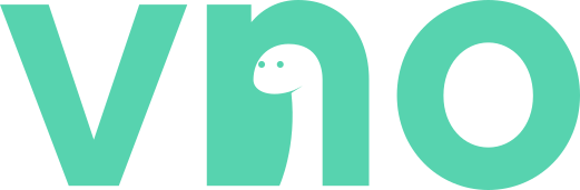 the vno logo, three tall letters with a dinosaur in the n