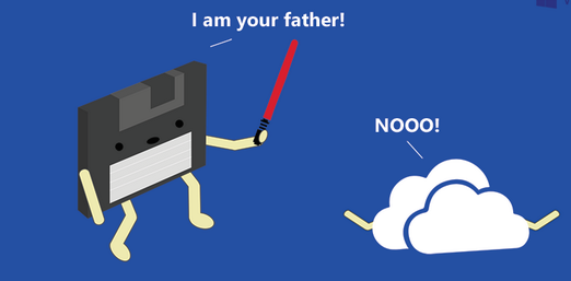 Uma ilustração com objetos de caracteristica humanóide, onde uma disquete preta com um sabre de luz em mãos está a dizer a clássica frase do Darth Vader para uma nuvem. A disquete diz “I am your father” e a nuvem responde “NOOOOOO!”