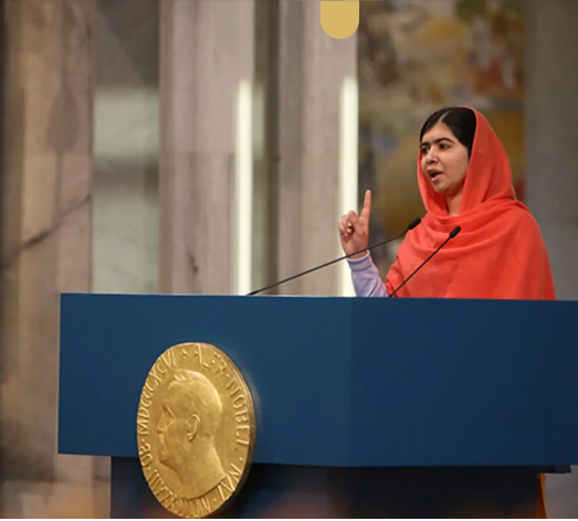 Na foto, Malala discursa no recebimento do Prêmio Nobel da Paz.