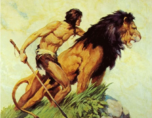 Tarzan and lion illustration by J. Allen St. John.