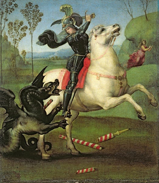 A painting of a knight on a horse fighting a dragon by Raphael.