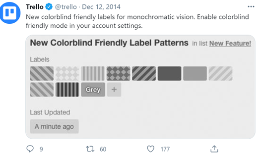 Screengrab of a tweet authored by UX design company Trello highlighted its New colorblind Friendly Label Patterns feature.