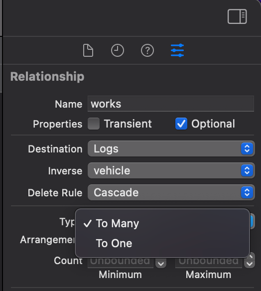 XCode Relationship inspector