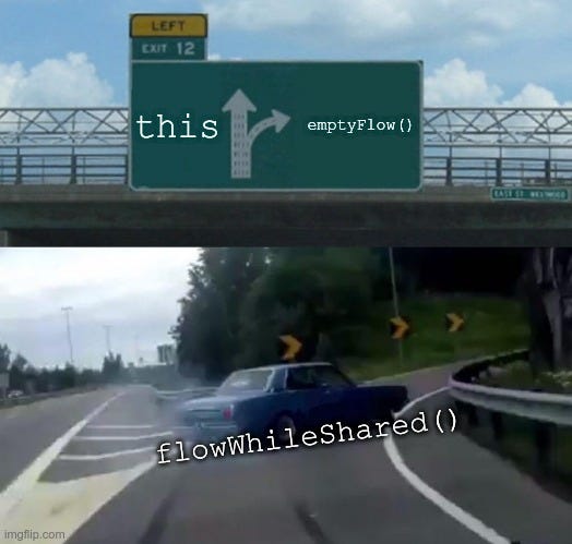 The “Left Exit 12 Off Ramp” meme featuring flowWhileShared() as a car taking a sharp turn to the right on the highway to reach the exit, where the main road sign shows “this” and the right exit sign shows “emptyFlow()”.
