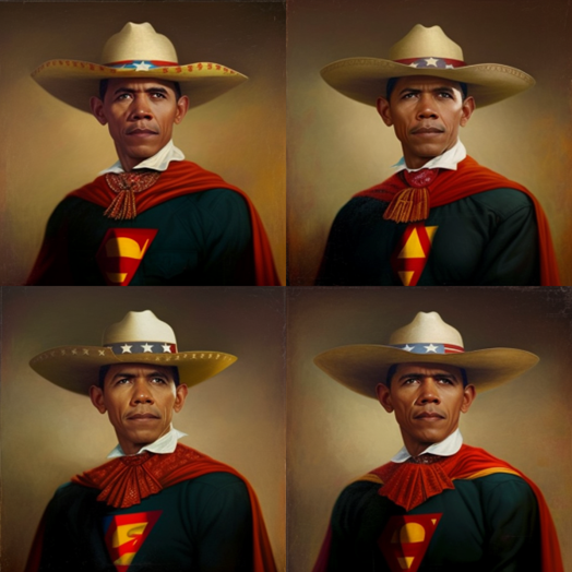 An AI generated image of a Barack Obama wearing a Mexican Superman suit and a sombrero made with Midjourney