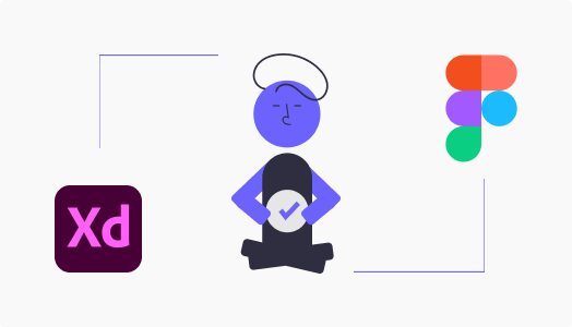 An illustration that shows a person in the middle with Figma and Adobe XD logo revolving around.