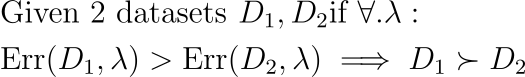 & text{Given 2 datasets }D_1, D_2 text{if } forall. lambda: \ & text{Err}(D_1,lambda) > text{Err}(D_2,lambda) implies D_1 succ D_2