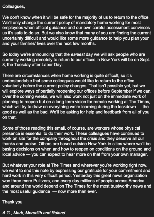 New York Time memo to staff about mandating work from home through September 8.