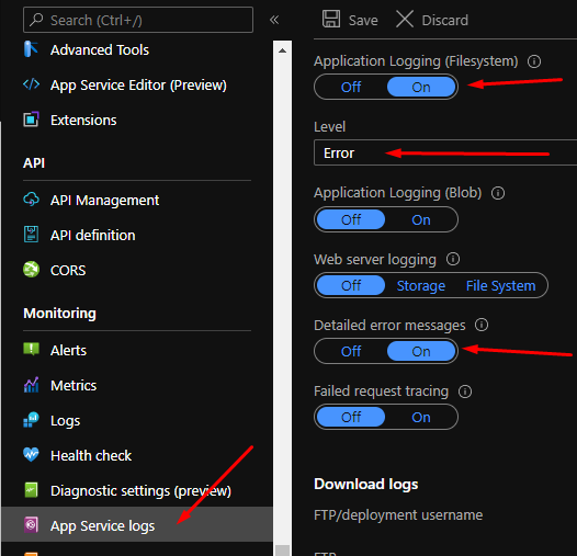 Screenshot of the settings in Azure to turn on Application Logging
