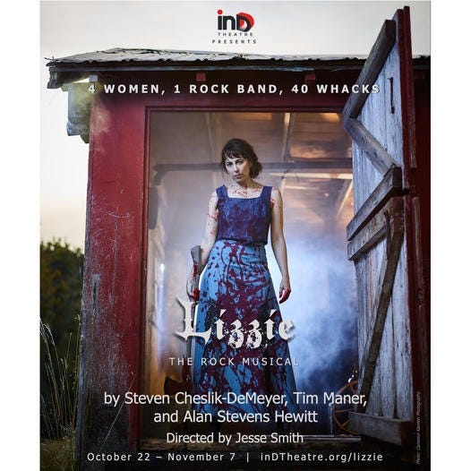 The poster for Lizzie showing a blood-spattered woman standing in the doorway of a barn holding an ax and staring into the camera