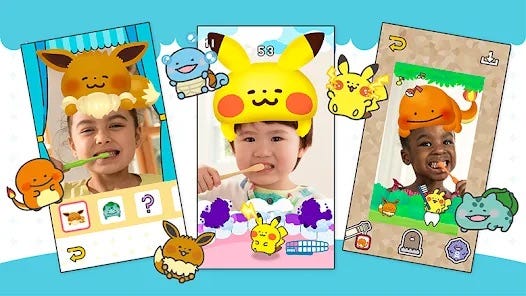 Pokemon smile app ad showing kids brushing their teeth with pokemon hats projected on the tops of their heads