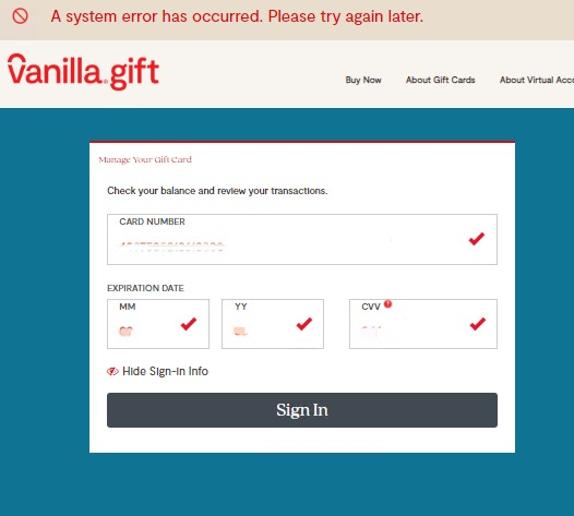 Vanilla gift card system error screenshot