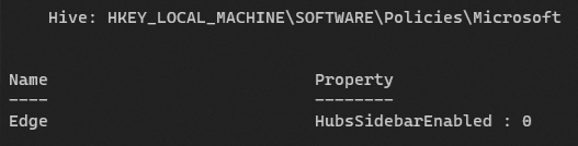 Screenshot of the PowerShell showing Windows registry key-value configuration when side launcher is disabled in the Edge browser.