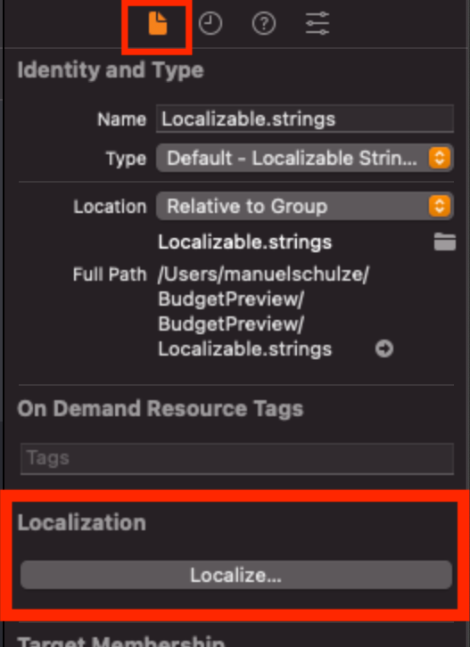 The File Inspector of the Localizable.strings file with the ‘Localize’-Button highlighted.