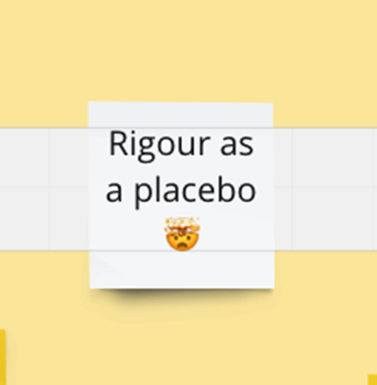 On the Miro board, a participant has written ‘rigour as placebo’ on a sticky note, and included a mind-blowing emoji.