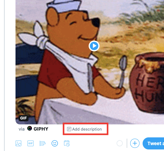 Screenshot of a GIF added to a tweet, and the ‘Add description’ option highlighted.