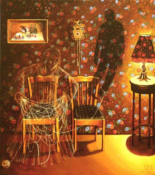 A painting of a parlor room with a brown wallpaper covered in flowers. On the wall there is a painting and a cuckoo clock. From right to left: there is a round table with a lamp on it, then two chairs. Two spectral figures occupy the chairs: the first is a ghostly woman holding a long string of unraveled, white yarn. The second is a shadow floating above the chair, a loop of the white yarn tied around his left leg, connecting him to the woman.