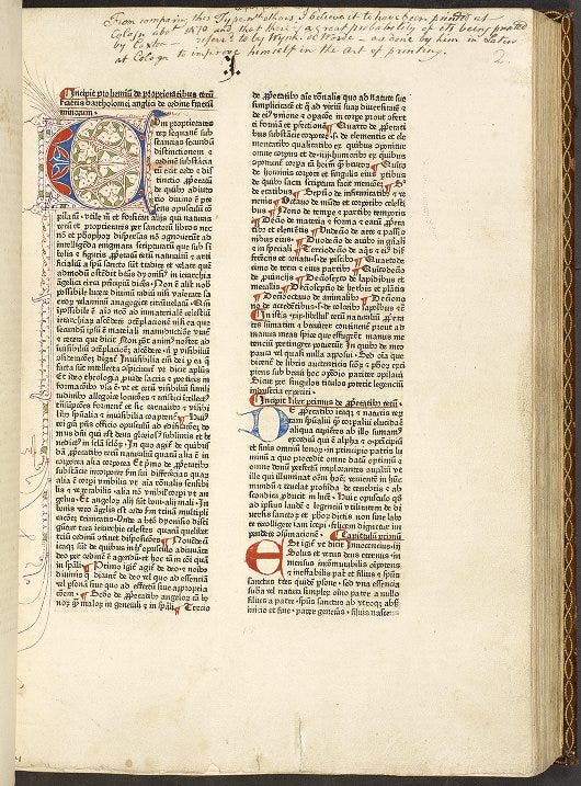 A page from De proprietatibus rerum. The text is in Latin and is printed in two columns. There is an illuminated initial at the start of the text and illumination in the left hand margin. There are handwritten notes in English at the top of the page.