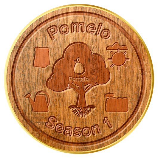 A round wooden badge that says Pomelo Season 1, and with a pomelo tree at the centre, and sun, soil, and a watering can around it.