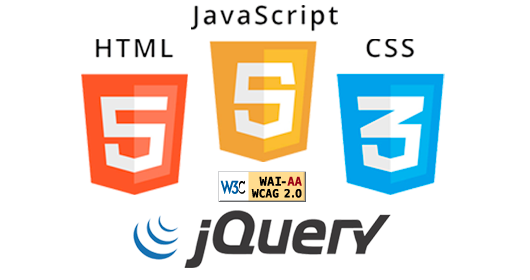 Badge Logos for HTML 5 in orange-ish background, JavaScript (gold background), CSS3 (blue background), W3C WAI-AA WCAG 2.0, jQuery.