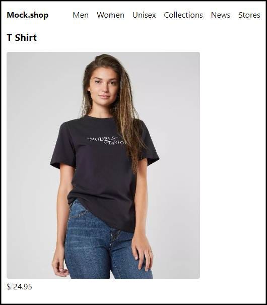 Sample storefront with a t shirt product with the image that a female model is featuring wearing the t shirt