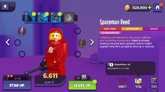 A animated gif of the game showing a Lego minifigure spinning 360 degrees around and doing a little animation on their details page.