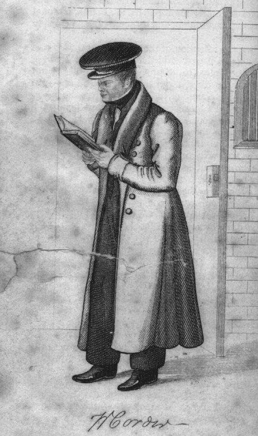 Public Doman image. A drawing of William Corder awaiting trial.
