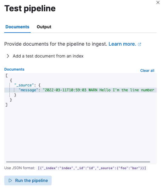 Screen capture of the ingest pipelines test screen to add documents