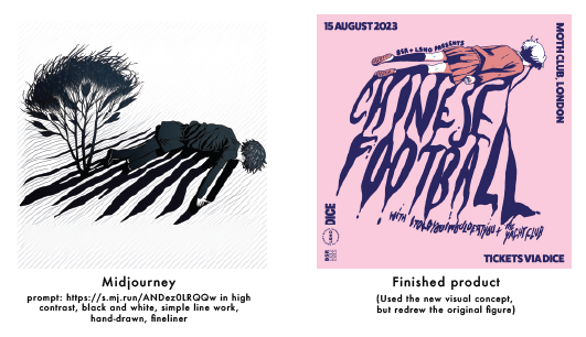 On the left, a visual generated by Midjourney, on the right the final poster Luke designed, mainly inspired by the Midjourney one