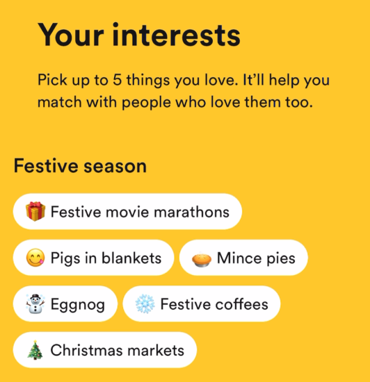 Screenshot of Bumble’s festive interests in onboarding