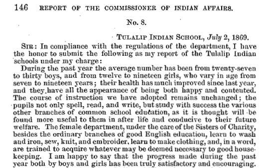 A snippet of a government report is headed at top with the text, “REPORT OF THE COMMISSIONER OF INDIAN AFFAIRS. № 8. Tulalip Indian School, July 2, 1869.” This header is followed by the text of the report.