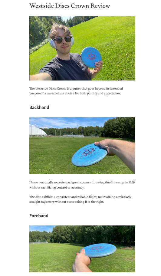 A blog post with little words and lots of images of a person throwing a disc